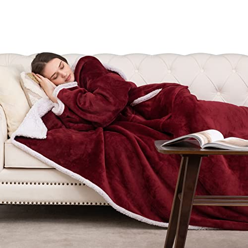 HBselect Wearable Blanket with Sleeves, Soft Fluffy Sherpa Plush Snuggle Slankets Blanket Throws for Sofa Warm Fleece Blanket for Women & Adult, Wine Red, 150×180cm - A-wine Red - M