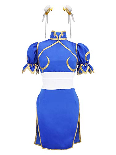 DAZCOS Women's US Size Game Fighter Cosplay Costume Blue Cheongsam with Hair Accessories and Waistband - M