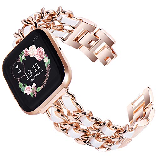 KADES compatible with Fitbit versa 2 strap, Women Bracelet Stainless Steel Replacement band compatible for Fitbit Versa 2 Strap, Versa Strap, Versa Lite Edition strap (Rose Gold with White Leather) - Rose Gold with White Leather