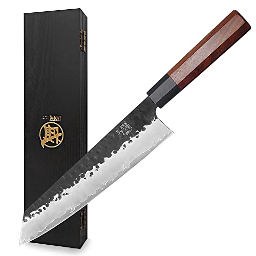 MITSUMOTO SAKARI 9 inch Japanese Kiritsuke Chef Knife, High Carbon Stainless Steel Kitchen Knife, Professional Hand Forged Meat Sushi Knife (Rosewood Handle & Gift Box) - 9 inch Kiritsuke Knife