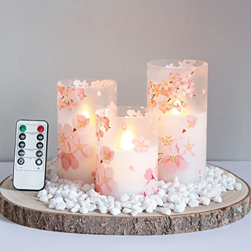 Mavandes Flameless Flickering Glass Candles with Remote and Timer,Cherry Blossoms LED Battery Operated Real Wax Set of 3 Realistic Wick Electric Pillar Candles,Warm Fire(3 x 4, 5, 6 Inches) - Cherry Blossoms
