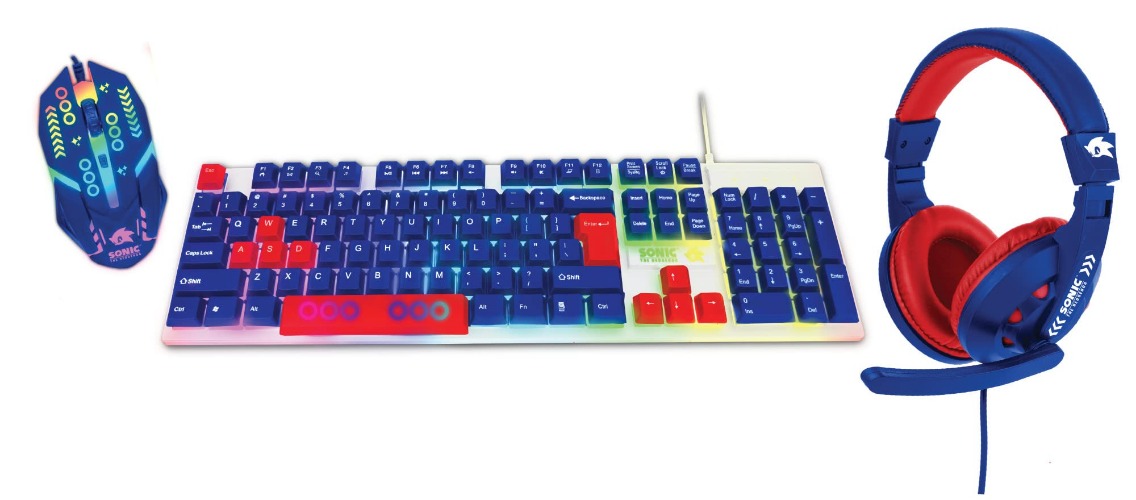 Sonic the Hedgehog 3 in 1 Gaming Set with LED Backlit Keyboard and Mouse, Cushioned Gaming Headset with Microphone. Perfect for Long Gaming Sessions, Comfort Grip, Ergonomic Mouse, Mechanical Keyboard - 