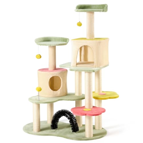 Flower Cat Tree Tower, 59 Inches Cute Cat Tree for Indoor Cats w/Sisal Covered Cat Scratching Posts Stand Cozy Condo, Sturdy Padded Top Perch and Bell Ball Colorful Cat Tree House for Indoor Cats - Pink/Yellow/Green/Beige