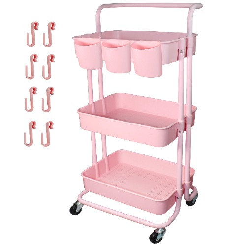 Piowio 3 Tier Utility Rolling Cart Multifunction Organizer Shelf Storage Cart with 3 Pieces Cups and 8 Pieces Hooks for Home Kitchen Bathroom Laundry Room Office Store etc. (Pink) - Pink