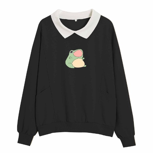 KIEKIECOO Cute Aesthetic Frog Sweatshirt for Teen Girls Kawaii Cartoon Graphic Hoodie Womens Preppy Cotton Pullover Sweaters - Black Medium