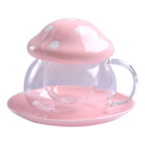 Hyltd Mushroom Tea Cup Mushroom Mug Cute Glass Tea Cups Mushroom Cup Mushroom Tea Mug with Filter Lid Coaster 9.6 Ounces Pink - Pink
