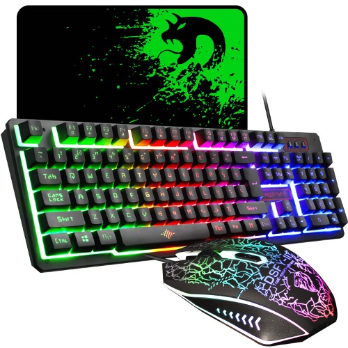Wired Gaming Keyboard and Mouse Set Rainbow Backlit 104 Keys Full Anti-ghosting light up Keyboard 2400 DPI 4 Button Usb Optical Game Mouse Mousepad Compatible for PS4 Xbox PC Laptop Gamer Office Black