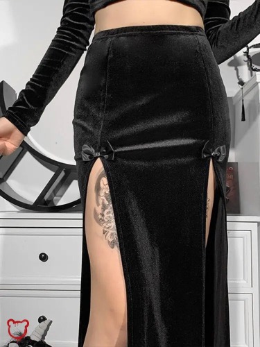 Black Velvet Split Skirt