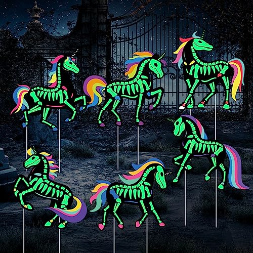 6 Pieces Halloween Glow in the Dark Skeleton Unicorn Scary Creepy Halloween Outdoor Decor Unicorn Yard Decorations Unicorn Skeleton Decoration Scary Halloween Decorations for Halloween Party - Unicorn