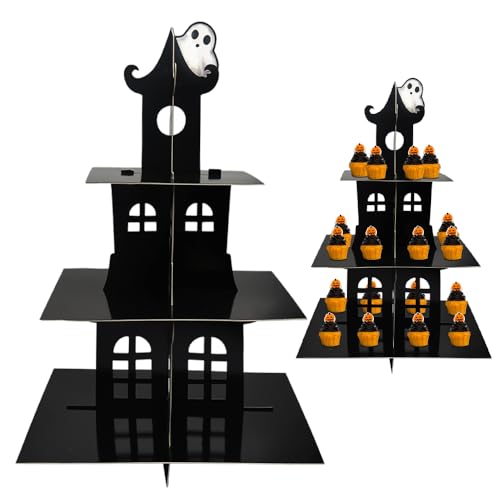 ALIBBON Halloween Cupcake Stand, 3 Tier Castle Cupcake Stand Tower, Black Cardboard Dessert Stand Holder, Halloween Cupcake Serving Tray, Birthday Party Supplies Halloween Decoration - Castle