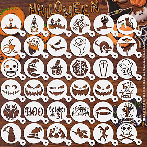 36 Pieces Reusable Halloween Cake Cookie Stencils Templates Mold Tools for Cookies DIY Holiday Baking Painting Dessert Craft Coffee Decoration - Halloween Style
