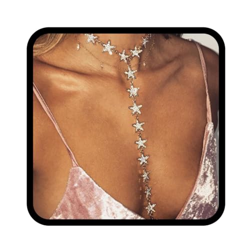 Nicute Rhinestone Long Necklaces Chain Crystal Star Y-Necklace Sexy Body Jewelry for Women and Girls - Gold