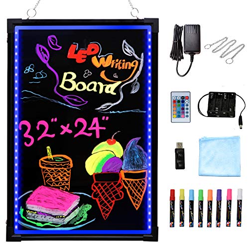 Voilamart LED Message Writing Board, 32" x 24" Flashing Illuminated Erasable LED Message Chalkboard Neon Effect Menu Sign Board with Remote Control, 8 Colors Chalk Markers - 32" x 24"