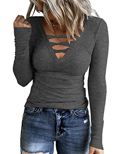 HERILIOS Women Casual Long Sleeve Tunic Tops V-Neck T Shirts Criss Cross Ribbed Casual Tee Slim Fitted Fall Blouse - Dark Grey - Medium