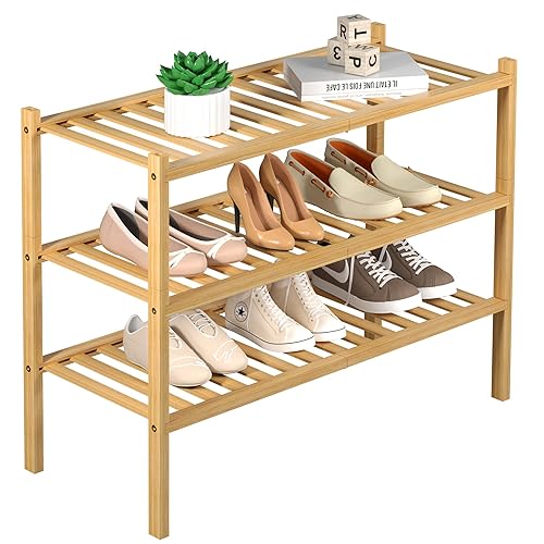 ROMGUAR CRAFT 3 Tier Bamboo Shoe Rack for Closet Free Standing Wood Shoe Shelf Storage Organizer for Entryway Small Space Stackable 27"x11"x20" (Natural) - Natural - 3 Tier