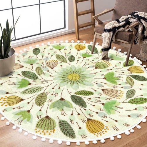 Uphome Round Rug for Bedroom 4' Circle Cute Area Rug with Pom Poms Fringe Floral Plant Washable Throw Rugs Non-Slip Soft Floor Mats for Entryway Laundry Living Room Kids Room Nursery, Green - 4' Round - Green