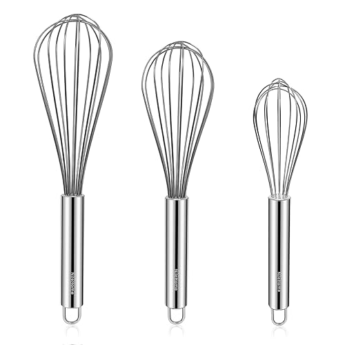 NileHome Stainless Steel Whisk Set 8" 10" 12" Kitchen Whisk Balloon Whisk Kitchen Wisk Wire Whisks for Cooking, Whisking, Blending, Beating, Stirring-3 Pack… - Silver-3P