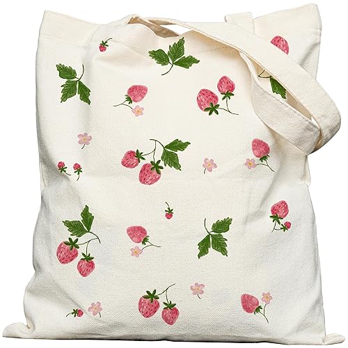 Tote Bag for Women with Pocket & Snaps, Cute Canvas Totes Bags Gifts for Flowers Cat Dog Frog Lovers - 12watercolor Strawberry