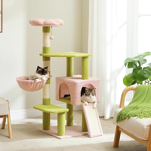 SYBESTE 47.3" Flower Cat Tree, Multi-Level Cat Tower with Sisal Covered Scratching Posts Cute Cat Condo for Indoor Small Medium Cats Top Perch (Green) - Green