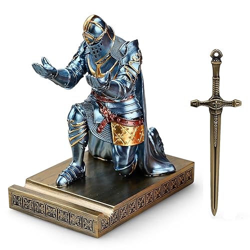 HDMbigmi King's Guard Leader Cloak Warrior Knight Pen Holder Mobile Phone Stand, Ornament Knight Statue, Pen Stand Paperweight with a Metal Sword Letter Opener for Office and Home (Blue) - Blue