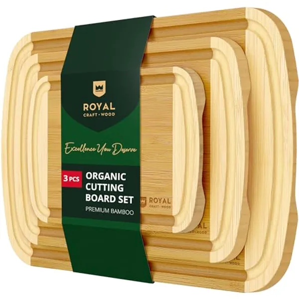 ROYAL CRAFT WOOD Luxury Cutting Boards for Kitchen - Reversible Wood Cutting Board Set, Thick Chopping Board - Wooden Cutting Board Set Bamboo Cutting Board for Meat, (Set of 3) - 3-Piece - Two-Tone Bamboo