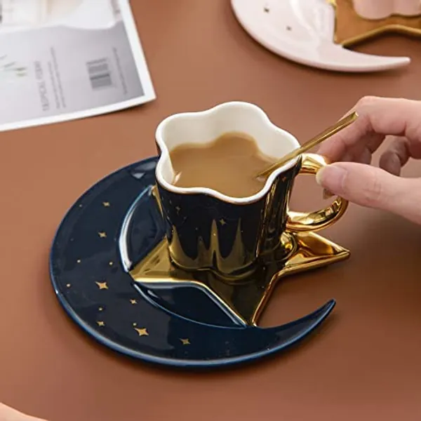 Berjaya Ceramic Star Moon Coffee Cup And Saucer With Spoon Set Golden Handle Porcelain Mug Afternoon Tea Juice And Water Drinks Cup (blue) - Blue