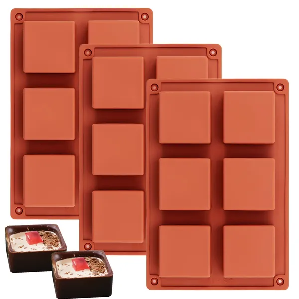 Ocmoiy 3 Pack Square Chocolate Candy Mold | 2" x 2" x 1" Silicone Baking Molds for Brownie/Truffles/Jello/Mousse Cake/Soap/Candle - 