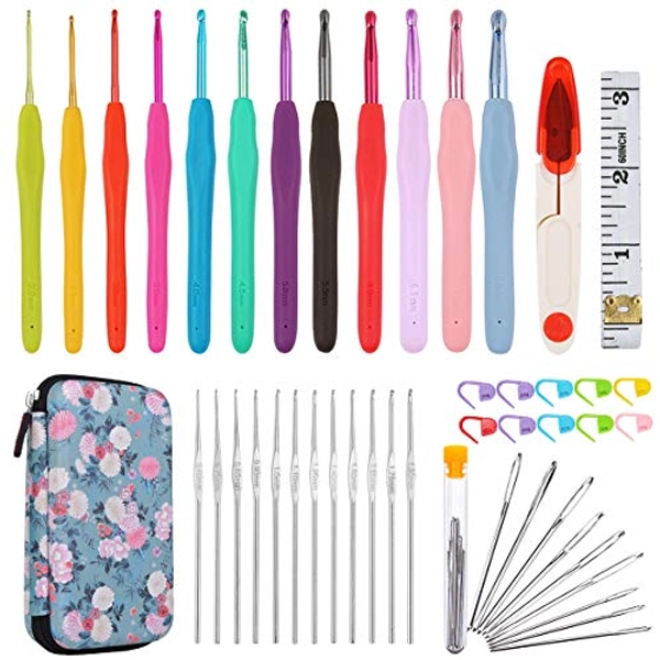 ALL-in-One Crochet Hooks Set PLUS Large-Eye Blunt Needles Yarn Knitting with Case and More Accessories, Ergonomic Handle for EXTREME COMFORT