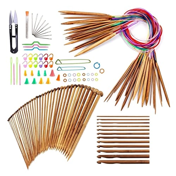 Knitting Needles Set for Beginner - 18 Pairs Bamboo Circular Knitting Needles with Colored Tube, 36Pcs Single Pointed Knitting Needles, 12Pcs Crochet Hooks, Complete Crochet Kit for Handmade Projects