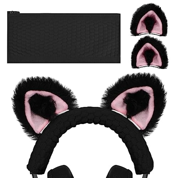Geekria NOVA Knit Fabric Headband Cover + Cat Ears Attachment Compatible with Razer, SteelSeries, HyperX, Sennheiser, Astro, Sony, Logitech, ATH Headphones, Head Cushion Pad Protector (Black/Pink)