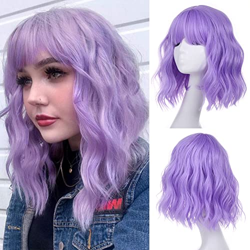Leeven Purple Short Bob Wigs with Air Bangs for Women Loose Wavy Wig Curly Wavy Shoulder Length Synthetic Cosplay Wig for Girl Heat Resistant Hair Wigs for Daily Party Wig 12 Inch - 1A-Light Purple