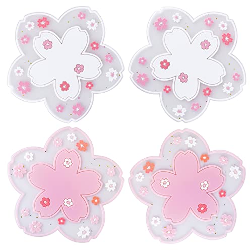 Mujinshow 4pcs 4.5inch Kawaii Sakura Cup Coasters, Cute Pink Macrame Drinks Coasters, Funny Silicone Coasters for Wooden Coffee Table, Flower Desk Cup Mat, Cherry Blossom Coaster for Women Mom Gifts