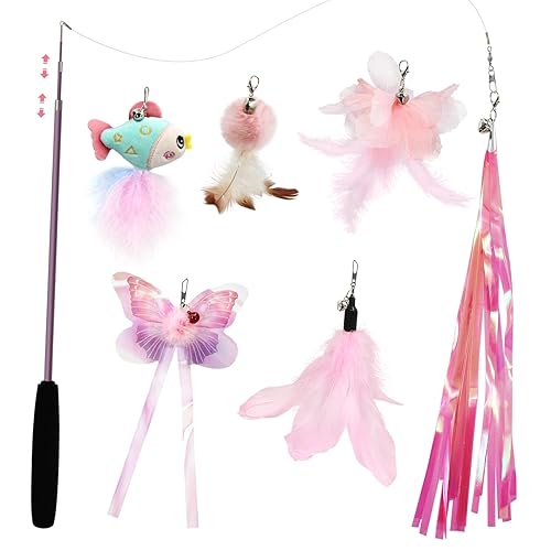 SONGWAY Cat Wand Toys for Indoor Cats - Cat Feather Toys with Retractable Cat Stick and 6 PCS Fairy Cat Teaser Toy Refills, Butterfly Tassel Plush Cat Toys Interactive, Pink - Pink