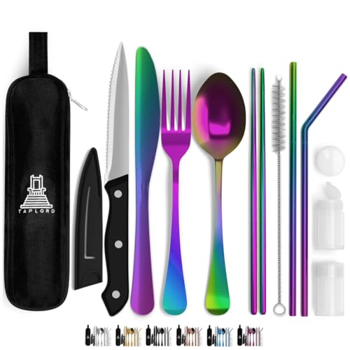 Taplord Portable Travel Silverware Set With Case, Includes 10 Pcs of Travel Utensils With Case, Stainless Steel Flatware Set For Camping, Easy to Travel, Lightweight (Multi Color) - Multicolor