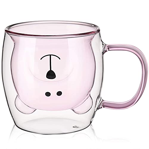 Cute Bear Tea Cup Double Wall Glass Milk Coffee Bear Mug with Handle Insulated Espresso Christmas Beer Cup Cute Birthday Gift for Women Men Valentine's Day, 250 ml/ 8.4 oz (Pink) - Pink