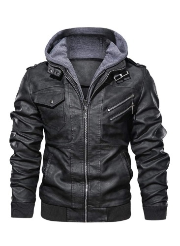 HOOD CREW Men’s Casual Stand Collar PU Faux Leather Zip-Up Motorcycle Bomber Jacket With a Removable Hood - Black X-Large