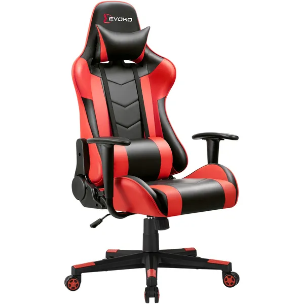 Devoko Ergonomic Gaming Chair Racing Style Adjustable Height High Back PC Computer Chair with Headrest and Lumbar Support Executive Office Chair (Red) - Black Red