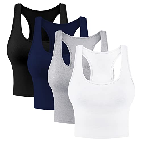 4 Pieces Women's Crop Tops Cotton Basic Tank Tops Racerback Sleeveless Sports Workout Crop Tank Tops - Black,White,Grey,Dark Blue - Small