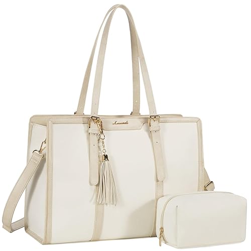 LOVEVOOK Laptop Bag for Women 15.6 inch Lightweight Canvas Laptop Tote Bag, Large Capacity Computer bag with Clutch Purse for Business, Work, Office, Travel, School（Pearl White & Beige，15.6 Inch） - Pearl White&beige - 15.6 Inch