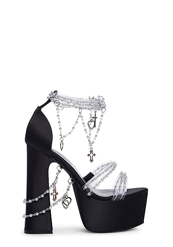 Dolls Kill Holy Revelation Platform Heels by Sugar Thrillz, Velvet Heels with Pearl Beads & Adjustable Straps - 9 - Black