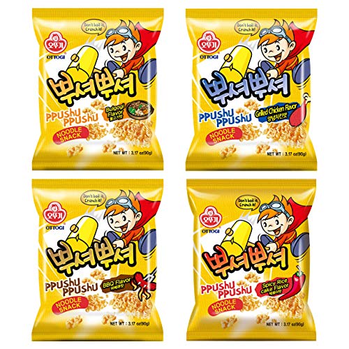 [OTTOGI] PPUSHU PPUSHU NOODLE SNACK- 1 of each Bbq, Bulgogi, Grilled Chicken, Spicy Rice Cake Flavors Variety Pack (90g) - 4 Pack - Variety Pack 4PK