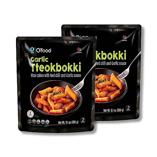 O'Food Garlic Tteokbokki, Gluten-Free Korean Rice Cakes, Authentic Spicy Korean Street Food Snack, Perfect with Cheese and Ramen Noodles, Ready to Eat, No MSG, No Corn Syrup, Pack of 2 - Garlic - Pack of 2