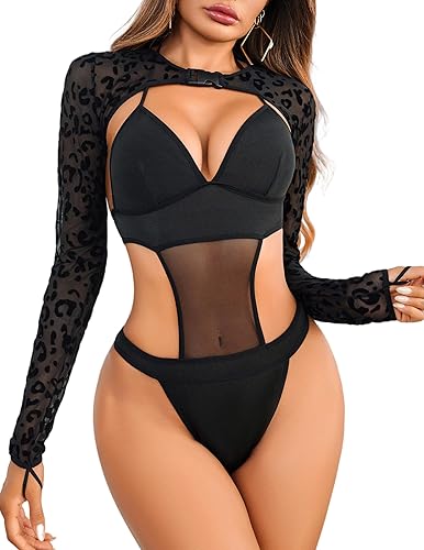 Avidlove Rave Outfits for Women Festival Sexy Lingerie Bodysuit Buckle Shrug Crop Top Set - Leopard - Small