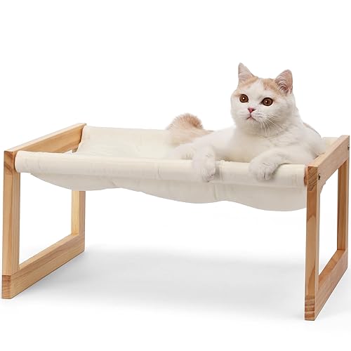 FUKUMARU Cat Bed, Plush Velvet Cat Beds for Indoor Cats, Wooden Cat Hammock, 21 x 16.5 Inch Cat Couch, Suitable for Cats, Dog, Bunny, Rabbit, Kitten and Small Animal - White