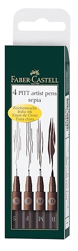 Faber-Castell Art & Graphic Pitt Artist Pen India Ink Pen, Dark Sepia, Wallet Of 4, For Art, Craft, Drawing, Sketching, Home, School, University, Colouring - 4 Count (Pack of 1) - Pitt Artist Pen Wallet - Sepia