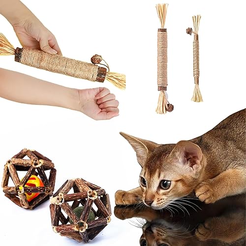 Cat Chew Toys, 4-Pack Silver Vine Cat Toys, Natural Silver Vine Sticks for Cats, Natural Silver Vine Stick Cage Cat Bell Balls for Cleaning Teeth, Increase Appetite, Suitable for Indoor Cats - 4Pack - cat toys