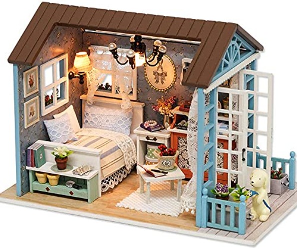 CUTEROOM DIY Miniature House Kits with Furniture and LED Lights, 3D Wooden Dolls House Kits to Build for Teens Adults Birthday Merry (Blue Time) - Blue Time