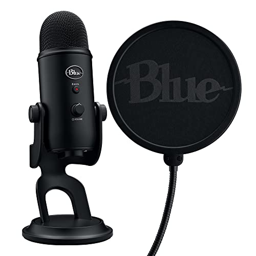 Logitech G Blue Yeti Game Streaming Kit with Yeti USB Gaming Mic, Blue VO!CE Software, Exclusive Streamlabs Themes, Custom Blue Pop Filter, PC/Mac/PS4/PS5 - Blackout - Black - Microphone + Pop Filter