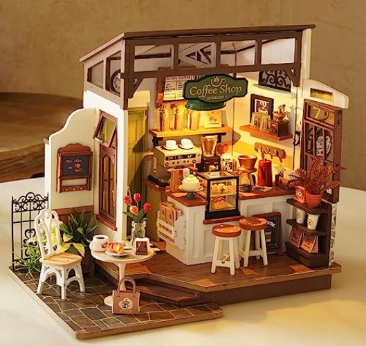 RoWood Doll House Kit Coffeehouse | DIY Wooden Miniature Room Model Building | Craft Kits Gifts for Adults and Teens