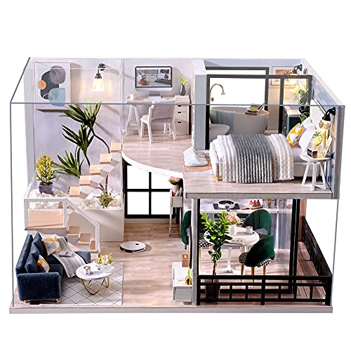 CUTEBEE Dollhouse Miniature with Furniture, DIY Wooden DollHouse Kit Plus Dust Proof and Music Movement, 1:24 Scale Creative Room Idea-L32 - Cozy Time